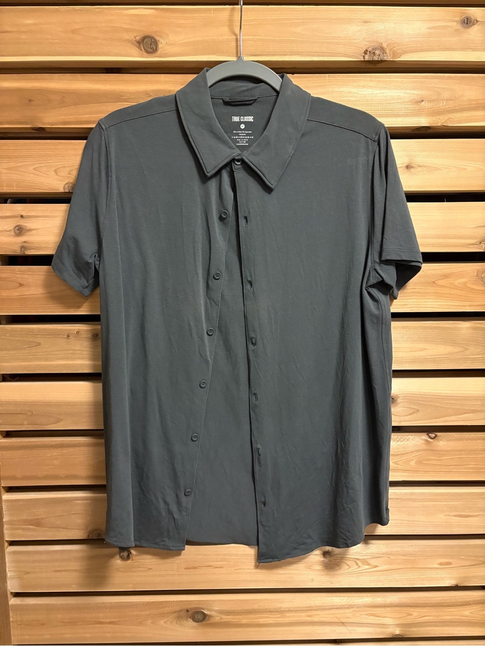 True Classic Knit Short Sleeve Cotton Button-Up Shirt Charcoal Gray